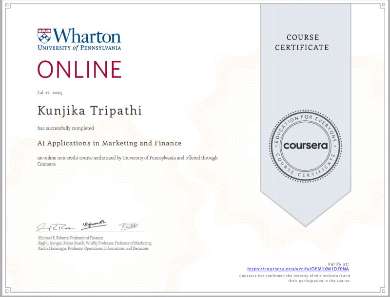 Coursera Certificate - AI Applications in Marketing and Finance